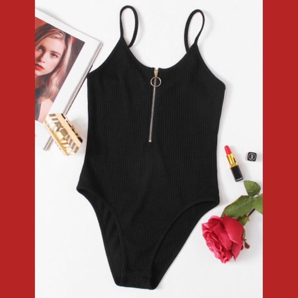 O-Ring Zipper Front Ribbed Cami Bodysuit